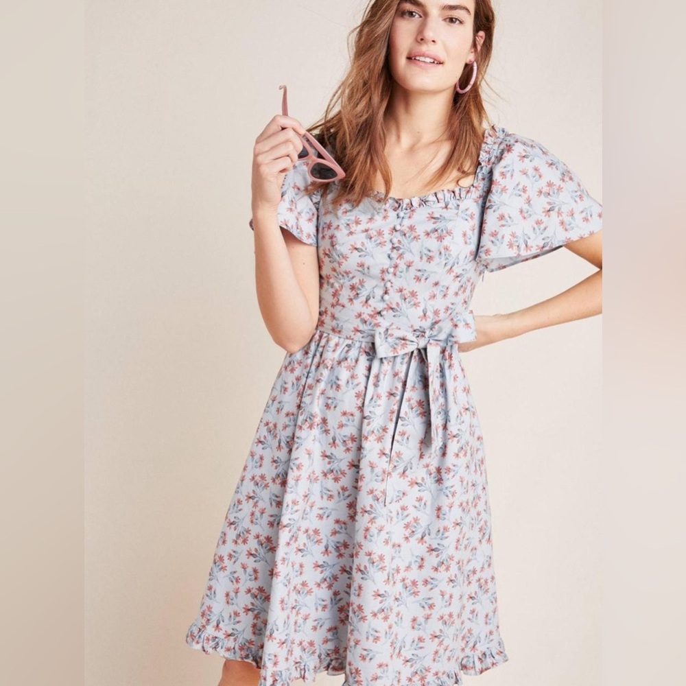 Gal Meets Glam by Anthropologie Light Blue Floral Midi Dress‎ Size 4